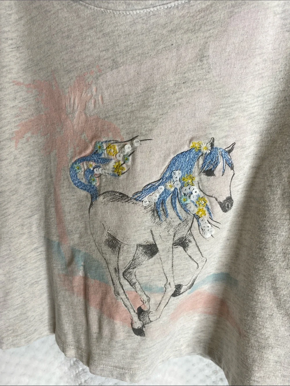 OshKosh B'gosh Light Gray Horse Graphic Tee with Blue Embroidered Mane